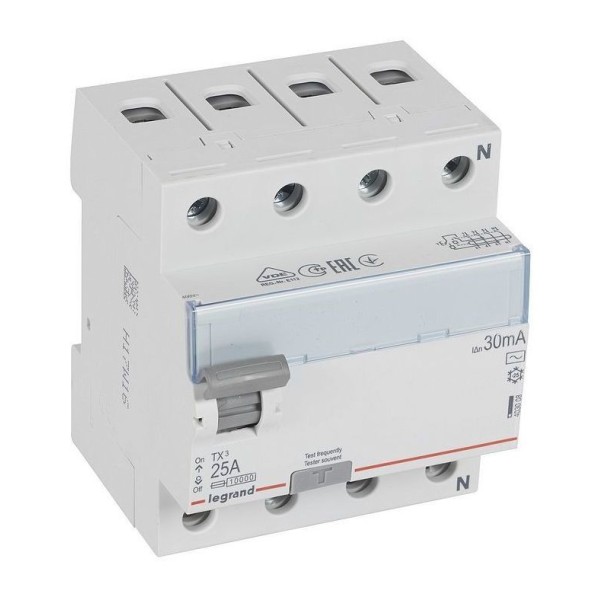 УЗО Legrand TX3, электромеханическое, 4P, 25A, 10kA, 30mA, тип AC, 4M
