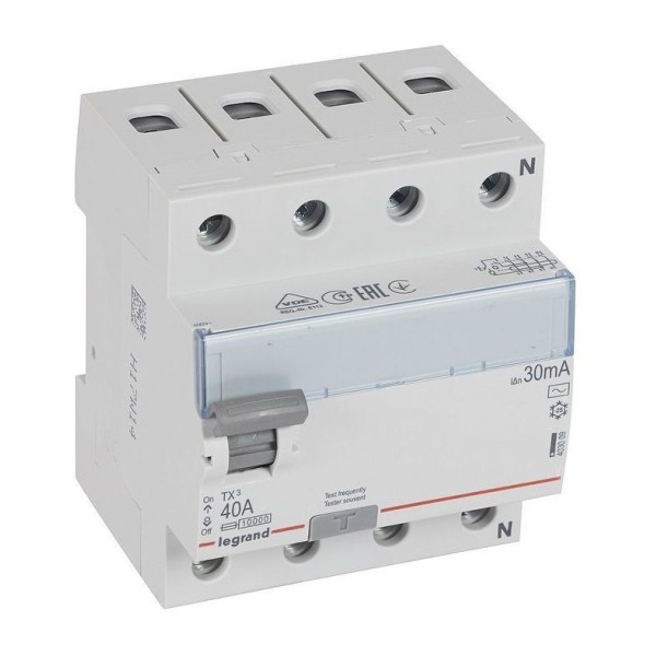 УЗО Legrand TX3, электромеханическое, 4P, 40A, 10kA, 30mA, тип AC, 4M