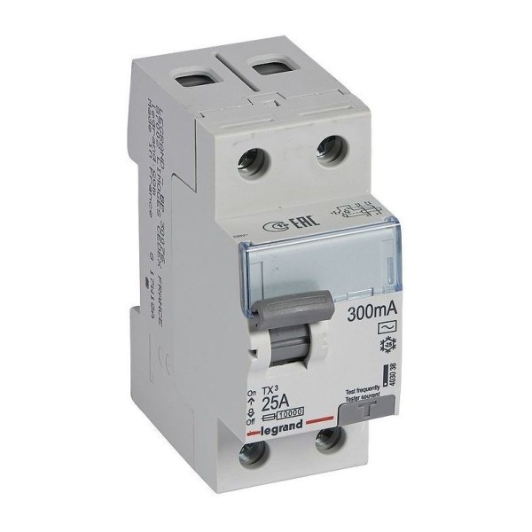 УЗО Legrand TX3, электромеханическое, 2P, 25A, 10kA, 300mA, тип AC, 2M