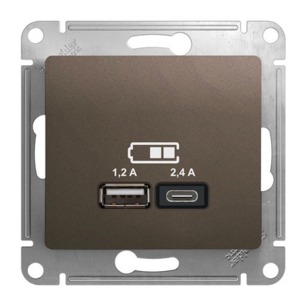 GLOSSA USB РОЗЕТКА A+С, 5В/2,4А, 2х5В/1,2 А, механизм, ШОКОЛАД