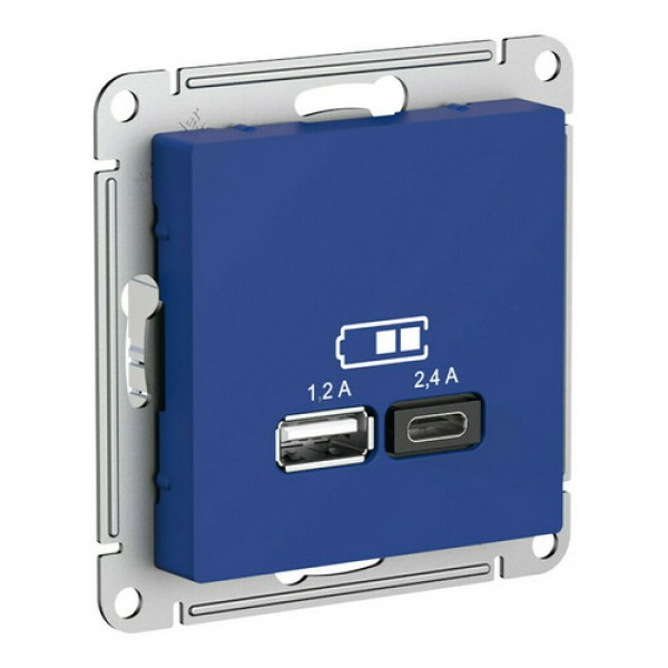 ATLASDESIGN USB РОЗЕТКА А+С, 5В/2,4А, 2х5В/1,2А, механизм, АКВАМАРИН