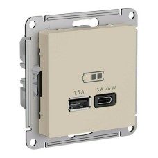 ATLASDESIGN USB РОЗЕТКА A + тип-C 45Вт высокоскор.заряд. QC, PD, мех., ПЕСОЧНЫЙ