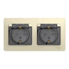 GLOSSA РОЗЕТКА двойная с заземлением, со шторками, в сборе, IP44, БЕЖЕВЫЙ