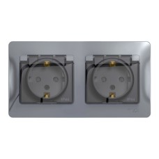 GLOSSA РОЗЕТКА двойная с заземлением, со шторками, в сборе, IP44, АЛЮМ.