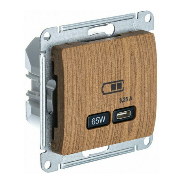 GLOSSA USB РОЗЕТКА тип-C 65W высокоскор.заряд. QC, PD, механизм, ДЕРЕВО ДУБ