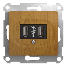 GLOSSA USB РОЗЕТКА, 5В /1400 мА, 2 х 5В /700 мА, механизм, ДЕРЕВО ДУБ