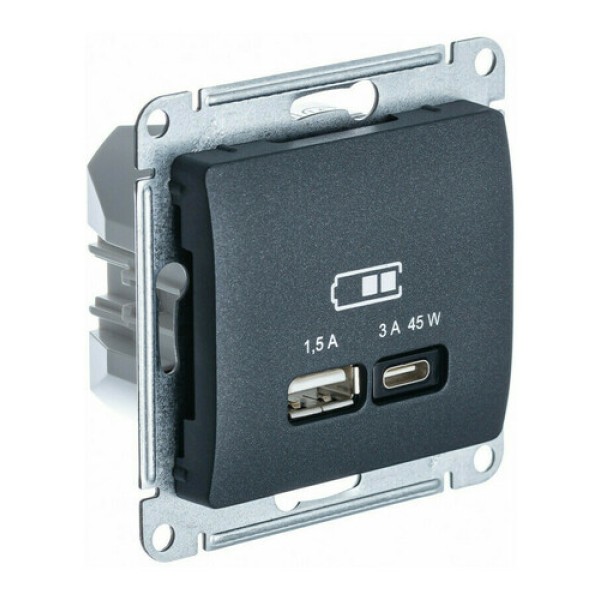 GLOSSA USB РОЗЕТКА A + тип-C 45W высокоскор.заряд. QC, PD, механизм, АНТРАЦИТ