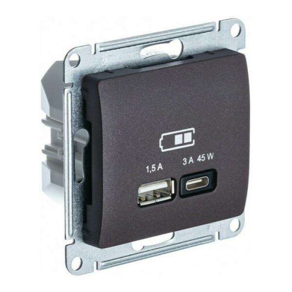 GLOSSA USB РОЗЕТКА тип-C 65W высокоскор.заряд. QC, PD, механизм, ШОКОЛАД