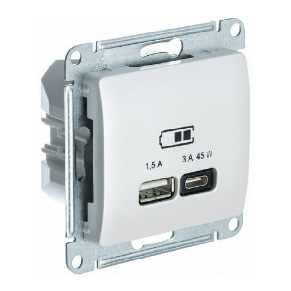 GLOSSA USB РОЗЕТКА A + тип-C 45W высокоскор.заряд. QC, PD, механизм, ПЕРЛАМУТР