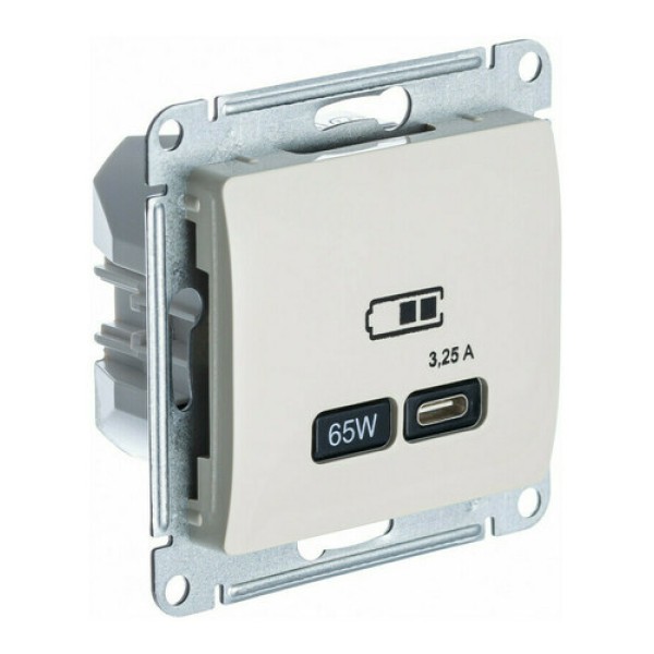 GLOSSA USB РОЗЕТКА тип-C 65W высокоскор.заряд. QC, PD, механизм, МОЛОЧНЫЙ