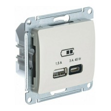 GLOSSA USB РОЗЕТКА A + тип-C 45W высокоскор.заряд. QC, PD, механизм, МОЛОЧНЫЙ