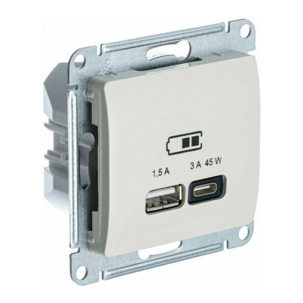 GLOSSA USB РОЗЕТКА A + тип-C 45W высокоскор.заряд. QC, PD, механизм, МОЛОЧНЫЙ