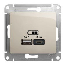 GLOSSA USB РОЗЕТКА A+С, 5В/2,4А, 2х5В/1,2 А, механизм, МОЛОЧНЫЙ
