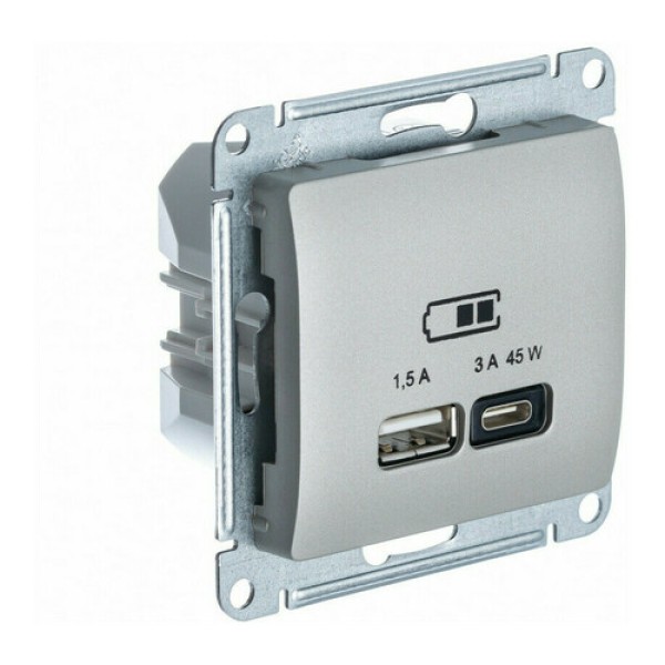 GLOSSA USB РОЗЕТКА A + тип-C 45W высокоскор.заряд. QC, PD, механизм, ПЛАТИНА