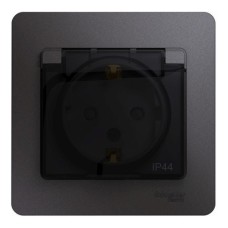 GLOSSA РОЗЕТКА с заземлением со шторками с крышкой, В СБОРЕ, IP44, ГРАФИТ