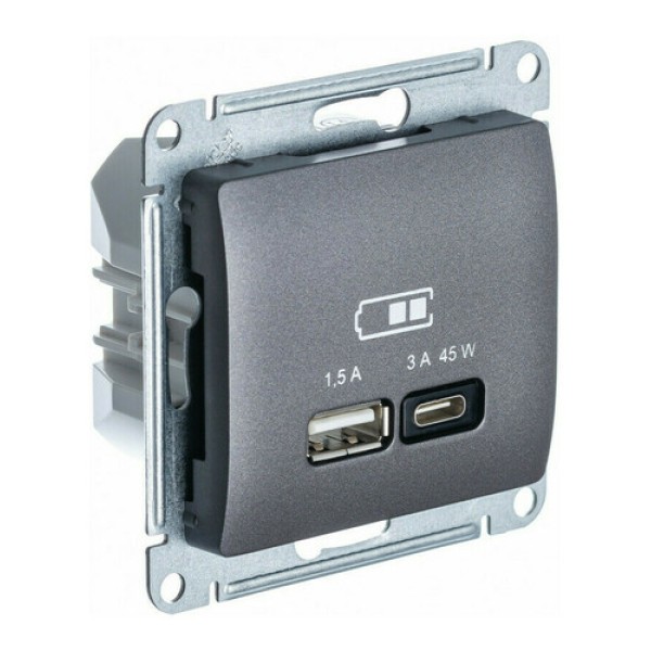 GLOSSA USB РОЗЕТКА A + тип-C 45W высокоскор.заряд. QC, PD, механизм, ГРАФИТ