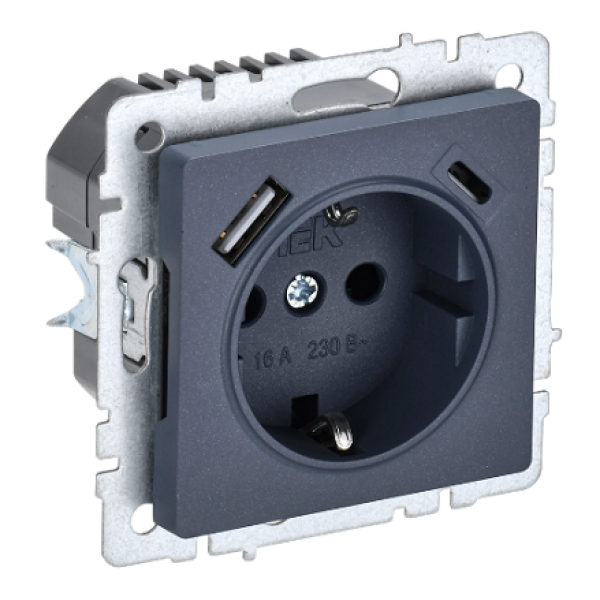 BRITE Розетка 1-местная с заземлением с защитными шторками 16А с USB A+C 18Вт РЮш11-1-БрМ маренго IEK