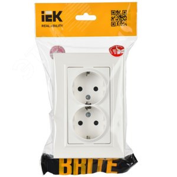 BRITE Розетка 2-местная с заземлением с защитными шторками 16А в сборе РСш12-3-БрБ белый IEK