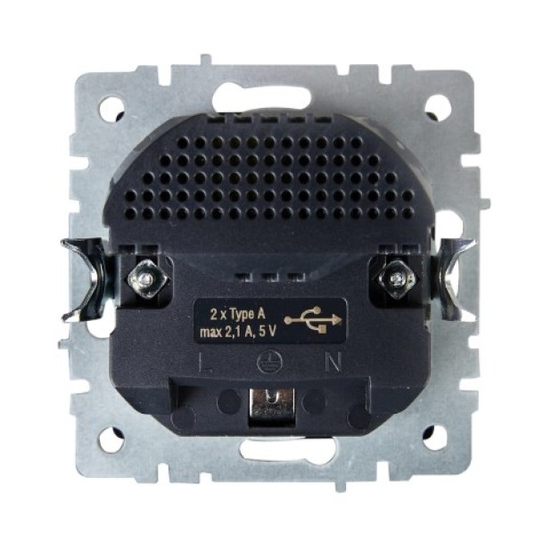 BRITE Розетка 1-местная с заземлением с защитными шторками 16А с USB A+A 5В 2,1А РЮш10-1-БрЧ черный IEK