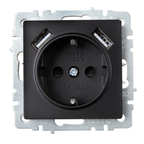 BRITE Розетка 1-местная с заземлением с защитными шторками 16А с USB A+A 5В 3,1А РЮш10-2-БрЧ черный IEK