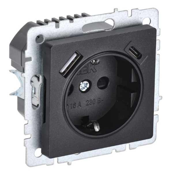 BRITE Розетка 1-местная с заземлением с защитными шторками 16А с USB A+C 18Вт РЮш11-1-БрЧ черный IEK