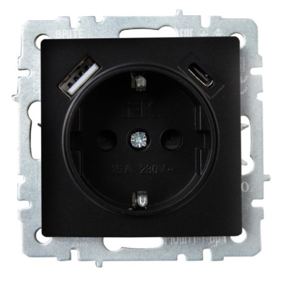 BRITE Розетка 1-местная с заземлением с защитными шторками 16А с USB A+C 18Вт РЮш11-1-БрЧ черный IEK