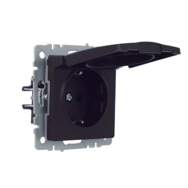 BRITE Розетка 1-местная с заземлением с защитными шторками и крышкой 16А IP44 РСбш10-3-44-БрЧ черный IEK