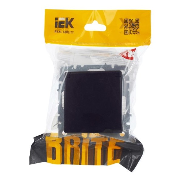 BRITE Розетка 1-местная с заземлением с защитными шторками и крышкой 16А IP44 РСбш10-3-44-БрЧ черный IEK