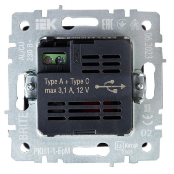 BRITE Розетка USB A+C 18Вт РЮ11-1-БрЧ черный IEK