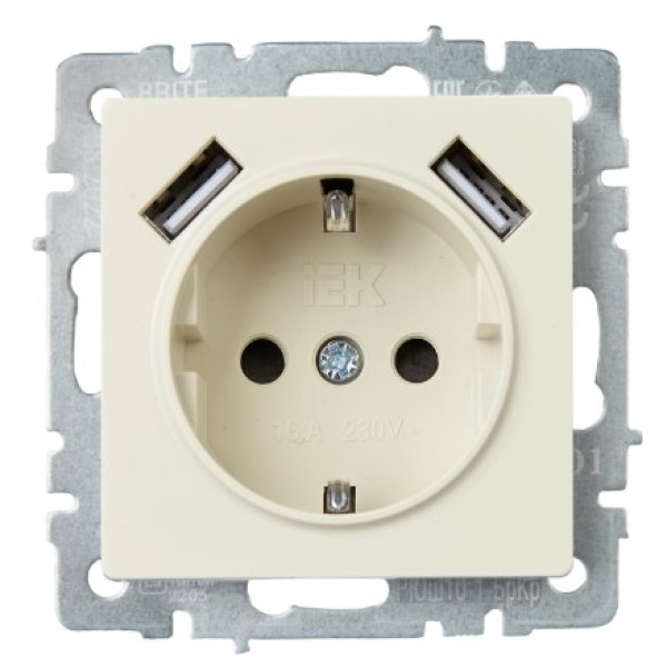 BRITE Розетка 1-местная с заземлением с защитными шторками 16А с USB A+A 5В 2,1А РЮш10-1-БрКр бежевый IEK