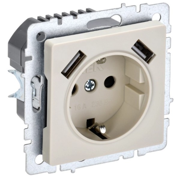 BRITE Розетка 1-местная с заземлением с защитными шторками 16А с USB A+A 5В 3,1А РЮш10-2-БрКр бежевый IEK