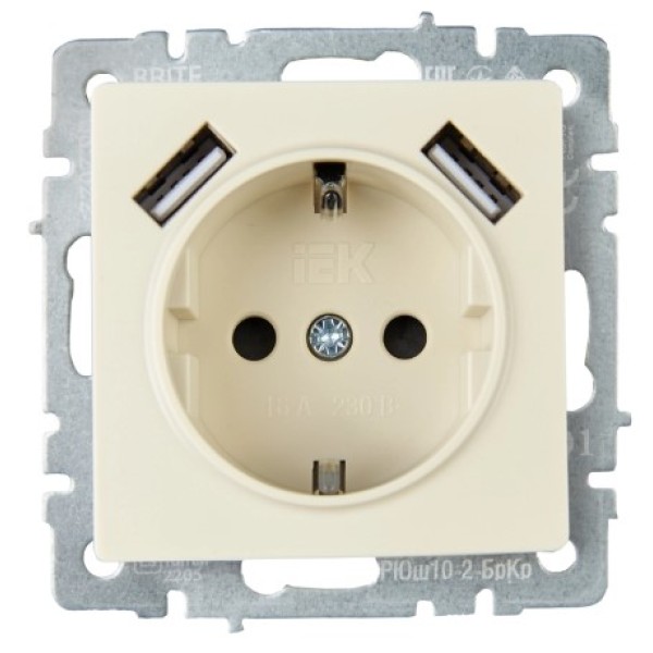 BRITE Розетка 1-местная с заземлением с защитными шторками 16А с USB A+A 5В 3,1А РЮш10-2-БрКр бежевый IEK