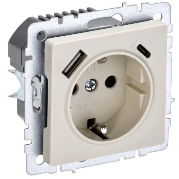 BRITE Розетка 1-местная с заземлением с защитными шторками 16А с USB A+C 18Вт РЮш11-1-БрКр бежевый IEK