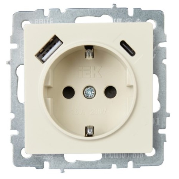 BRITE Розетка 1-местная с заземлением с защитными шторками 16А с USB A+C 18Вт РЮш11-1-БрКр бежевый IEK