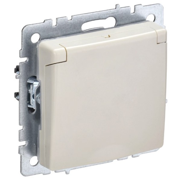 BRITE Розетка 1-местная с заземлением с защитными шторками и крышкой 16А IP44 РСбш10-3-44-БрКр бежевый IEK