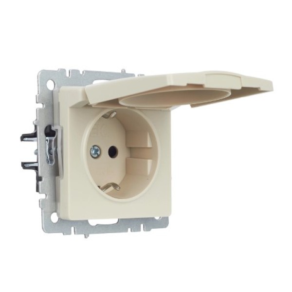 BRITE Розетка 1-местная с заземлением с защитными шторками и крышкой 16А IP44 РСбш10-3-44-БрКр бежевый IEK