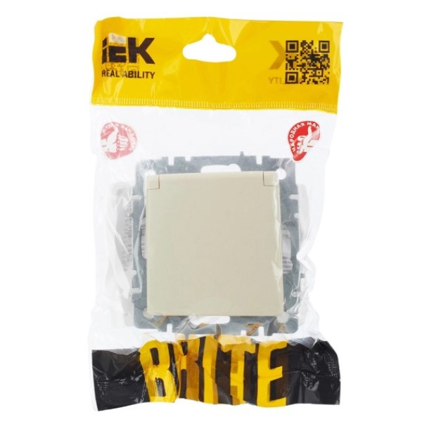 BRITE Розетка 1-местная с заземлением с защитными шторками и крышкой 16А IP44 РСбш10-3-44-БрКр бежевый IEK