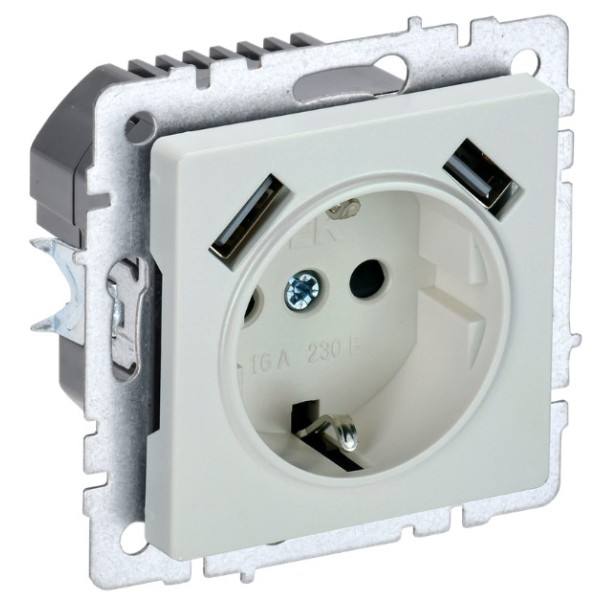 BRITE Розетка 1-местная с заземлением с защитными шторками 16А с USB A+A 5В 3,1А РЮш10-2-БрЖ жемчуг IEK