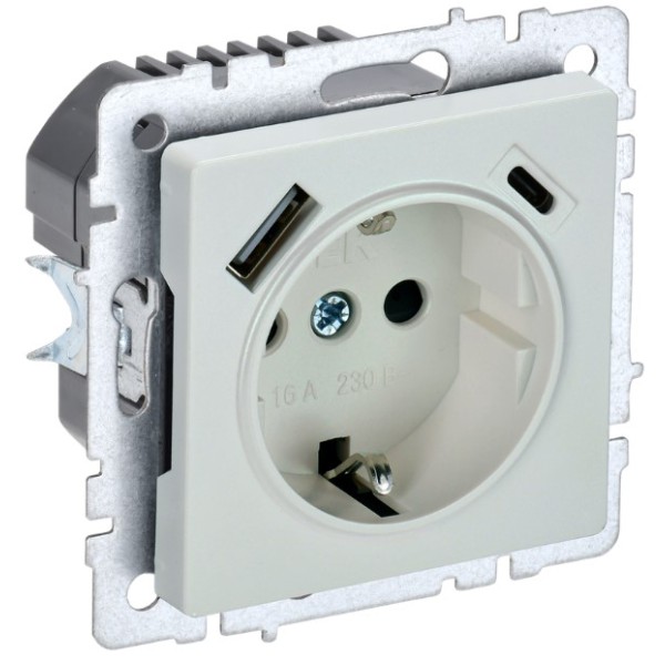 BRITE Розетка 1-местная с заземлением с защитными шторками 16А с USB A+C 18Вт РЮш11-1-БрЖ жемчуг IEK