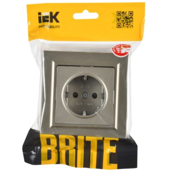 BRITE Розетка 1-местная с заземлением с защитными шторками 16А в сборе РСР14-1-0-БрШ шампань IEK
