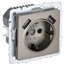 BRITE Розетка 1-местная с заземлением с защитными шторками 16А с USB A+A 5В 2,1А РЮш10-1-БрШ шампань IEK
