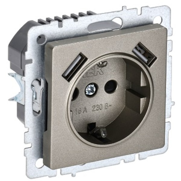 BRITE Розетка 1-местная с заземлением с защитными шторками 16А с USB A+A 5В 2,1А РЮш10-1-БрШ шампань IEK