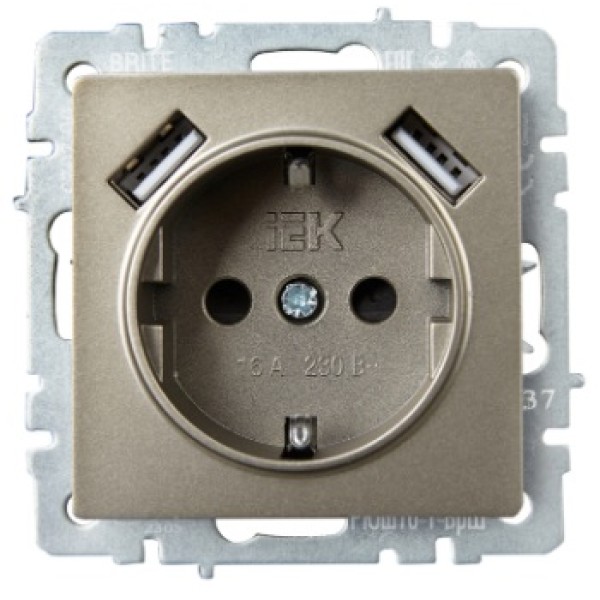 BRITE Розетка 1-местная с заземлением с защитными шторками 16А с USB A+A 5В 2,1А РЮш10-1-БрШ шампань IEK
