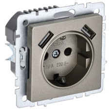 BRITE Розетка 1-местная с заземлением с защитными шторками 16А с USB A+A 5В 3,1А РЮш10-2-БрШ шампань IEK