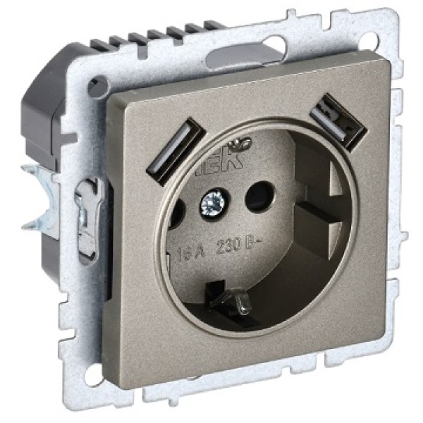 BRITE Розетка 1-местная с заземлением с защитными шторками 16А с USB A+A 5В 3,1А РЮш10-2-БрШ шампань IEK
