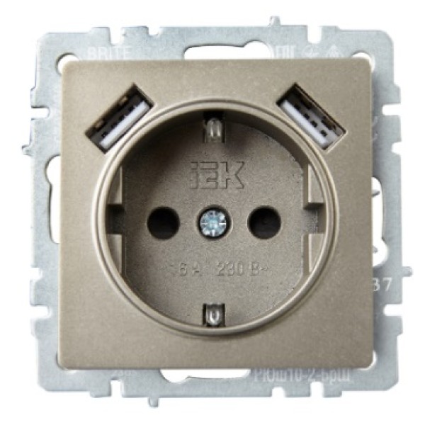 BRITE Розетка 1-местная с заземлением с защитными шторками 16А с USB A+A 5В 3,1А РЮш10-2-БрШ шампань IEK