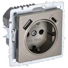 BRITE Розетка 1-местная с заземлением с защитными шторками 16А с USB A+C 18Вт РЮш11-1-БрШ шампань IEK
