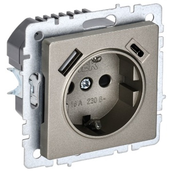 BRITE Розетка 1-местная с заземлением с защитными шторками 16А с USB A+C 18Вт РЮш11-1-БрШ шампань IEK