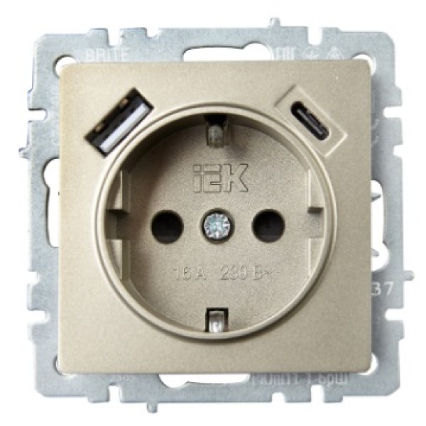 BRITE Розетка 1-местная с заземлением с защитными шторками 16А с USB A+C 18Вт РЮш11-1-БрШ шампань IEK