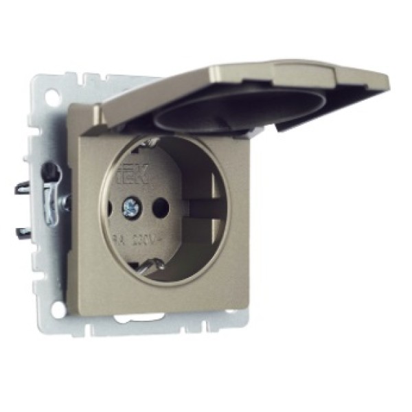 BRITE Розетка 1-местная с заземлением с защитными шторками и крышкой 16А IP20 РСбш10-3-БрШ шампань IEK